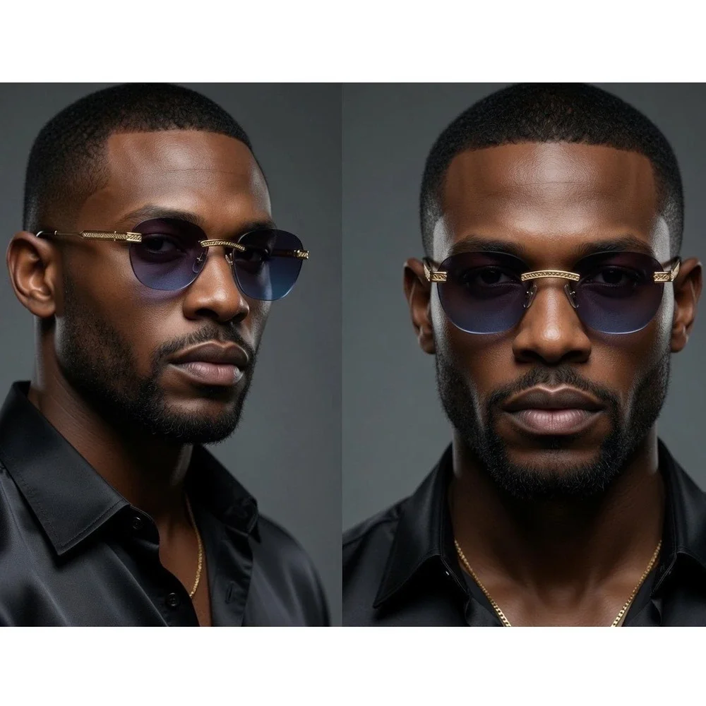 Mens Rimless Gold Round Sunglasses Blue Gradient Lens Metal Frame Hip Hop Trendy
